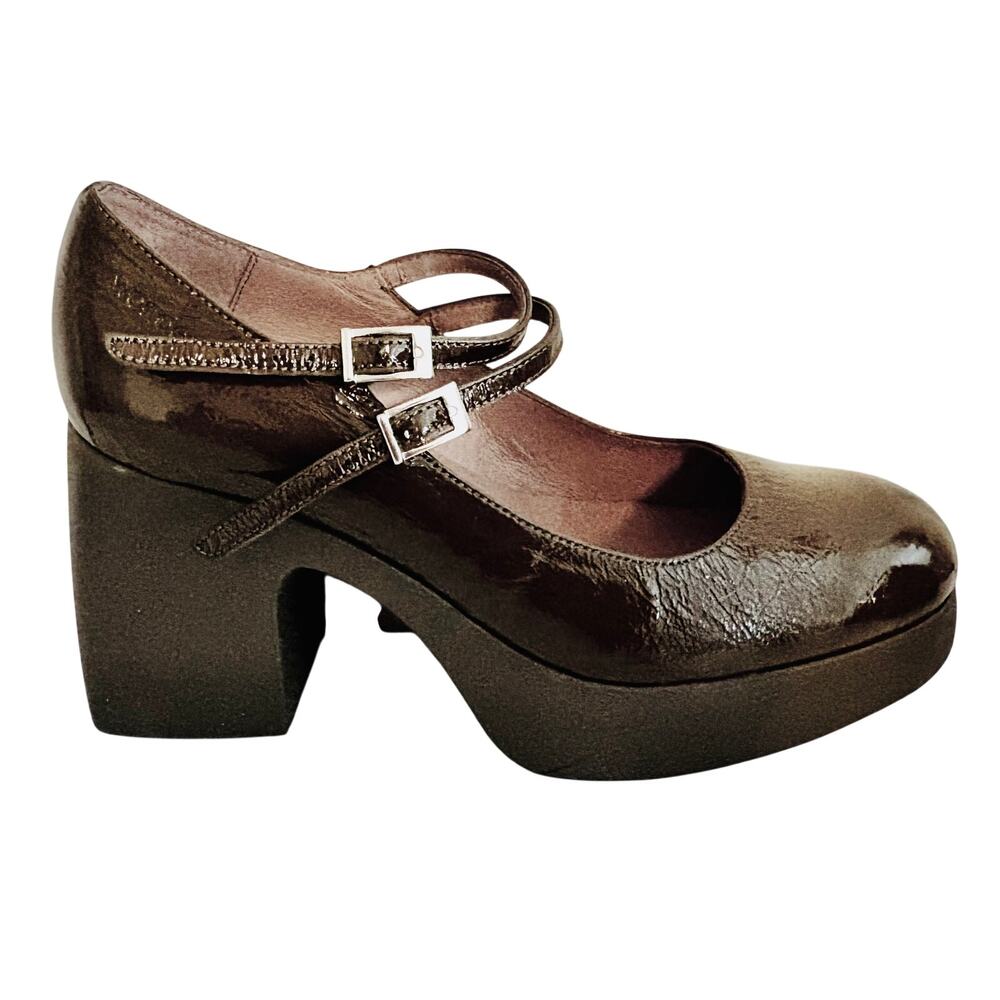 NWT Wonders Spain Brown Patent Leather Mary Jane Pumps Block Heel Platform